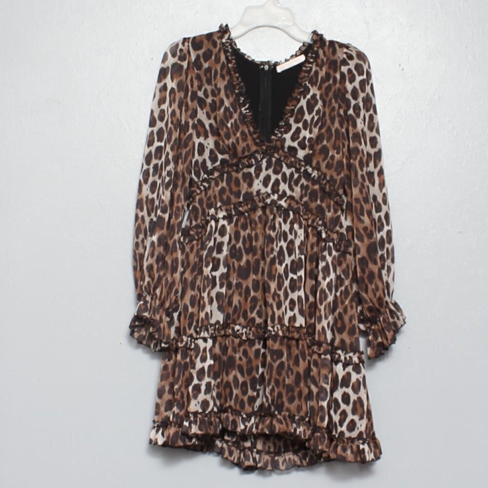 Pookie and Sebastian leopard print long sleeve ruffle dress